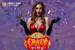 Máquina de caça-níqueis "Crazy Time" com luzes brilhantes e símbolos coloridos, representando um jogo de cassino animado.